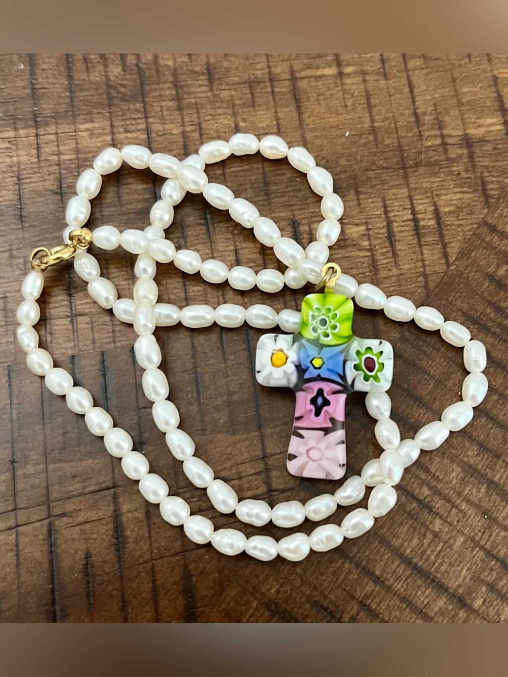 Italian Millefiori Glass Cross Pendant On Strand Of Baroque Freshwater Pearls